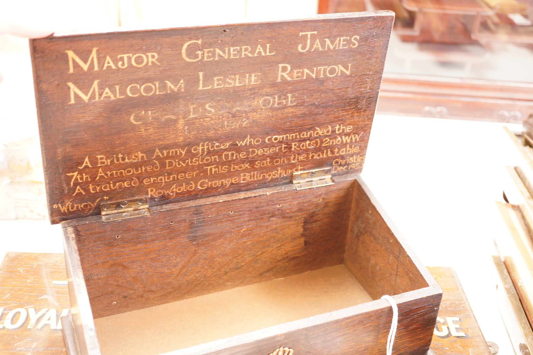 A Rowfold Grange oak box with personalised Desert Rats interest and a Manchester Unity Odd Fellows sign